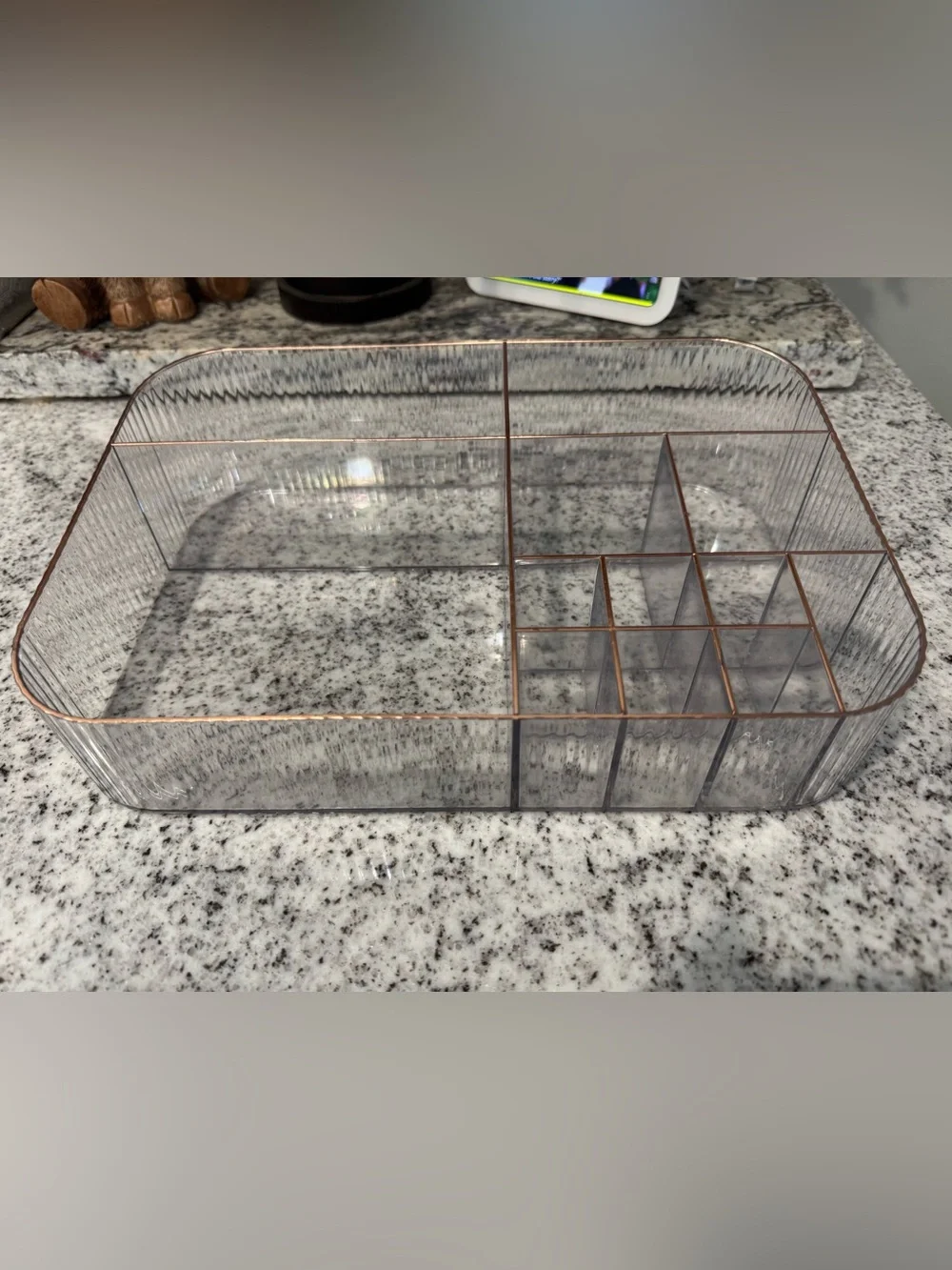 Clear Acrylic Makeup Organizer with Rose Gold Trim